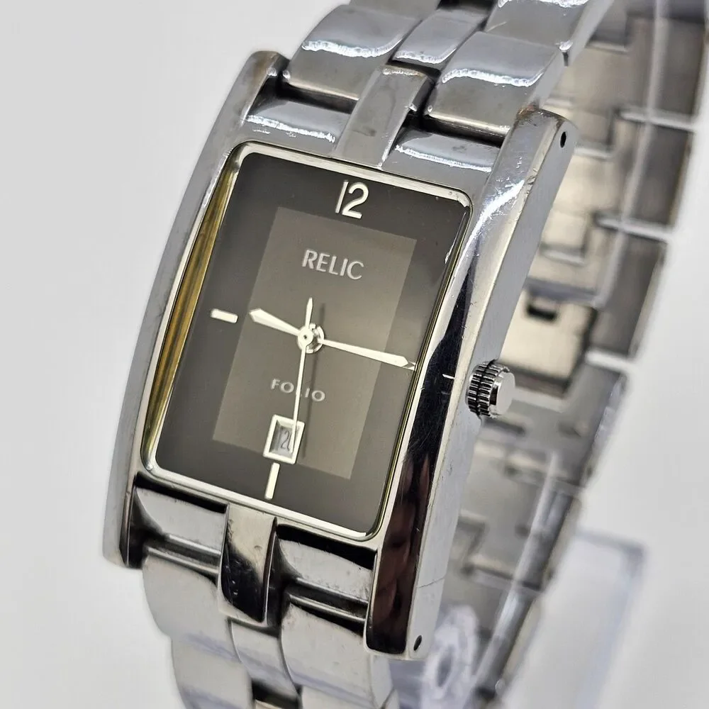 Relic‎ Tank Watch Men 27mm ZR77044 Silver Tone Black Dial Date New Battery 7.5
